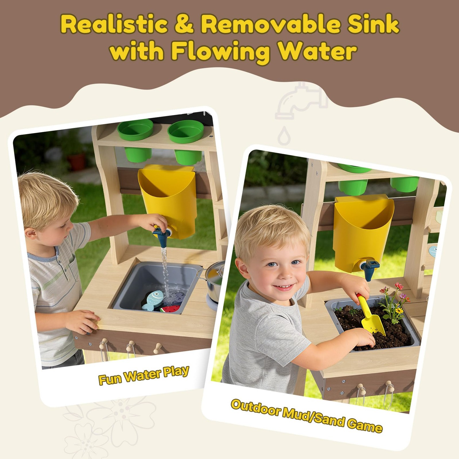 Mud Kitchen Wooden Outdoor Play Sink Faucet Toddlers Brown 35.6 H BIERUM Kids