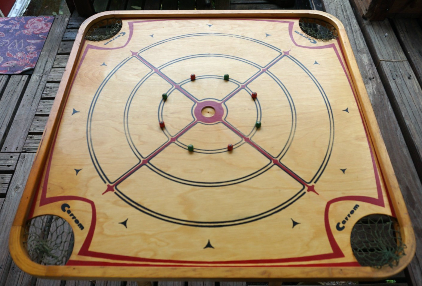 Vintage Wood Carrom 2 Sided Game Board 28″ x 28″ W 29 Pieces & 2 Cues