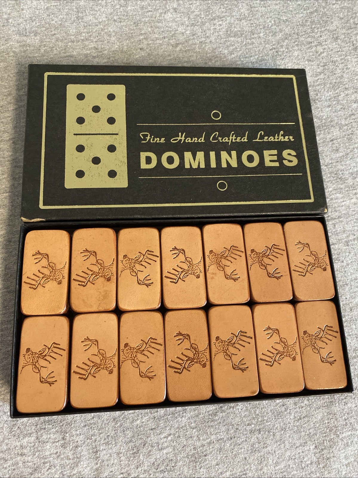 Nice In box Leather And Wood Deer Antler Dominoes-Rare