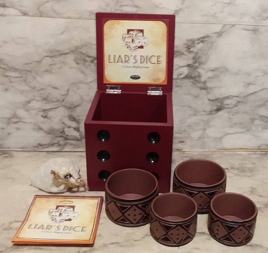 LIARS DICE Game in Wood Die Cube Storage Box – COMPLETE – Front Porch Classics