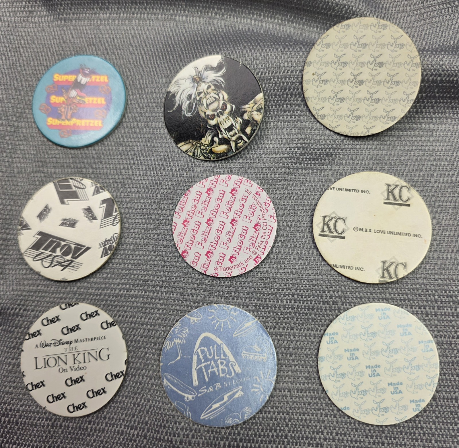 Vintage 90s POG Milk Caps Lot Of 68 Pogs + 3 Slammers + Container