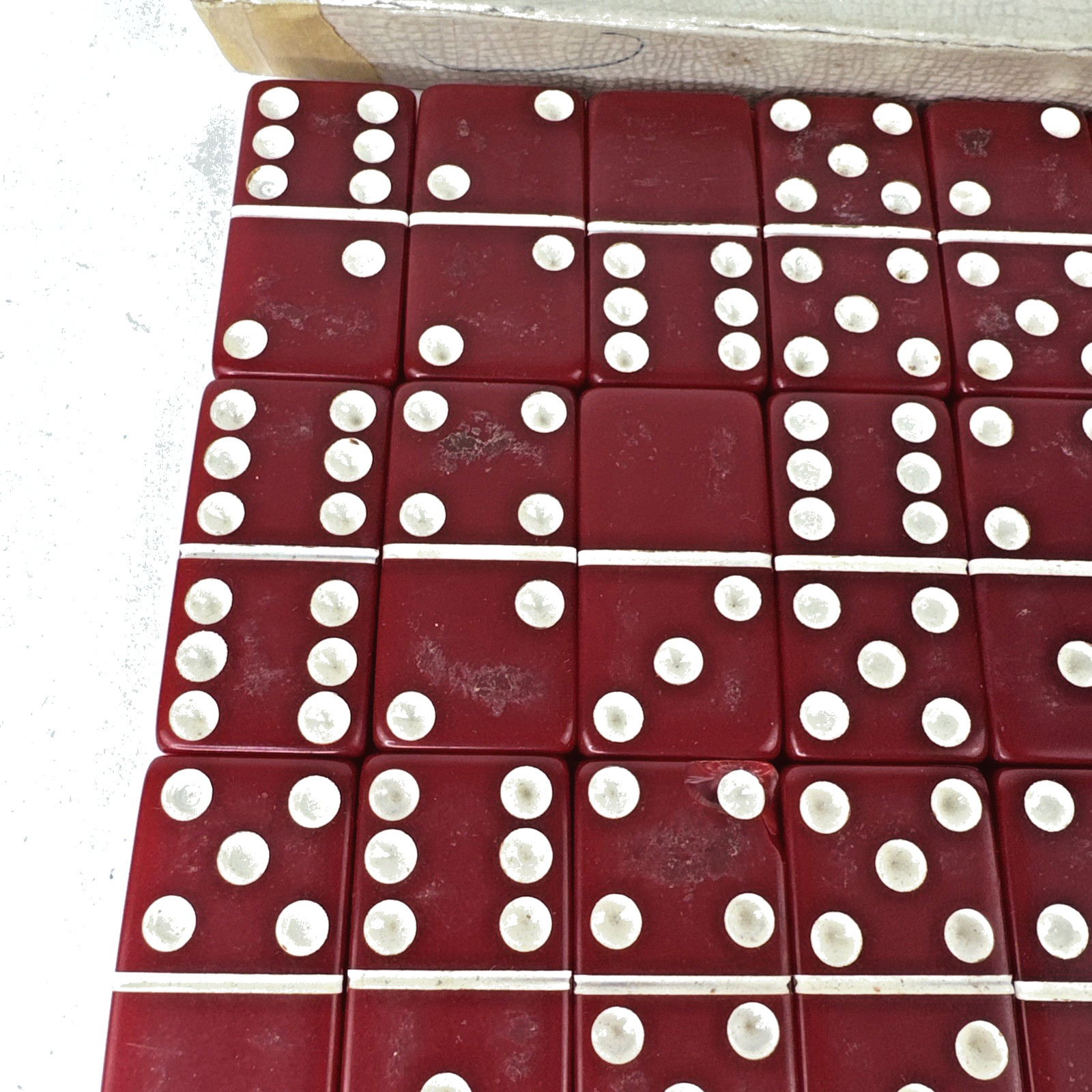 Vintage MCM PUREMCO #616 Standard Size Marblelike RED DOMINOES 2″ Tile GAME Box