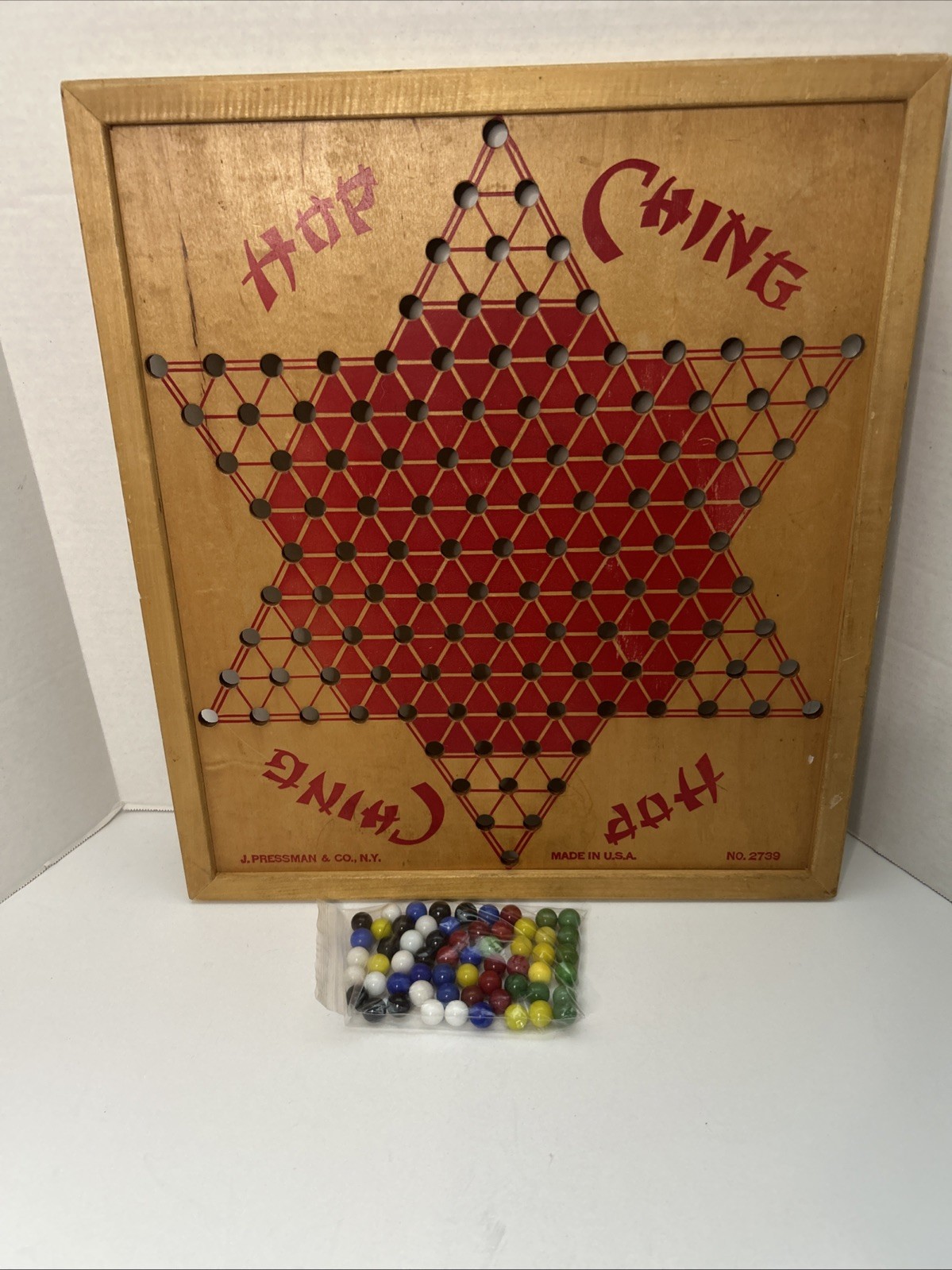 VTG Pressman USA Hop Ching Red Font Wood Chinese Checkers Game Board & Marbles