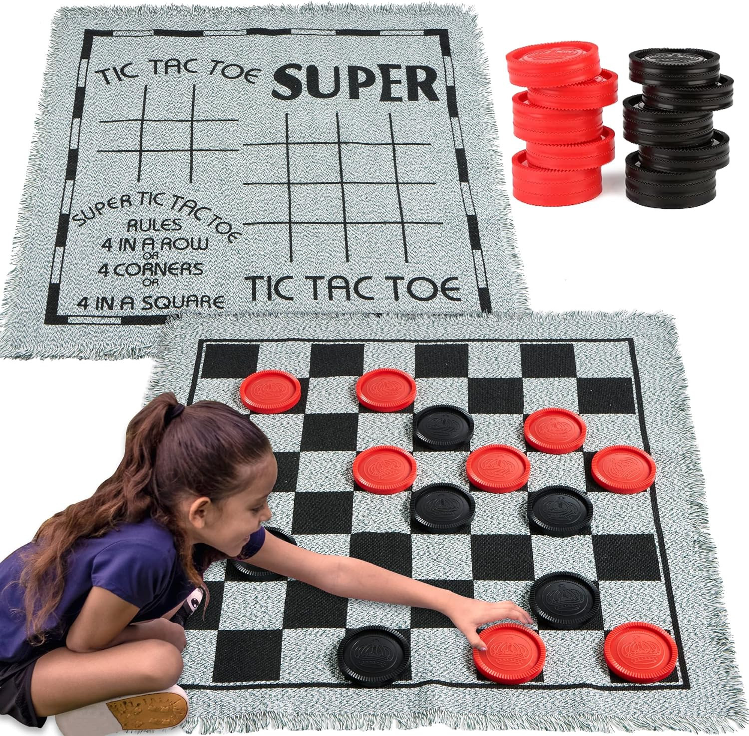3-In-1 Vintage Giant Checkers, Tic, Tac, Toe, with Reversible Mat, 24 Chips, Fam