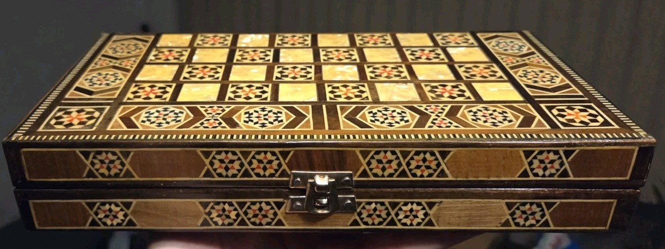 Vintage Mosaic Inlay Chess Backgammon Set Handcrafted Wood Marquetry Game Box