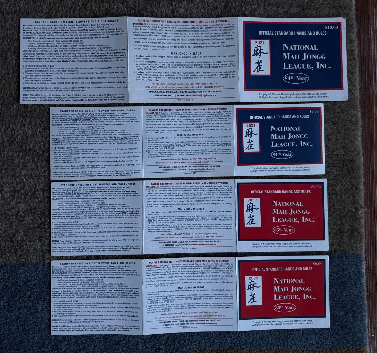 8 National Mah Jongg League Standard Hands And Rules Cards 2019 – 2022 (2 each)
