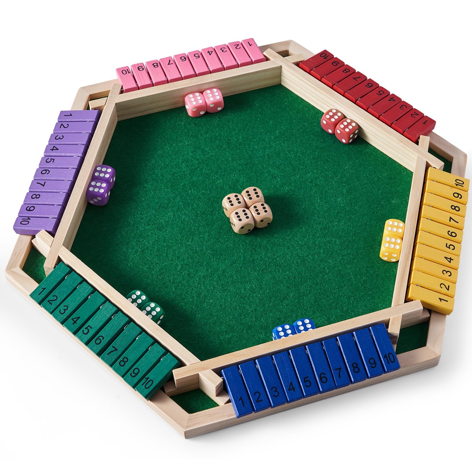 Shut The Box Game for 6 Player with 12+4 Dice – Colorful 6 Sided Wooden Board…