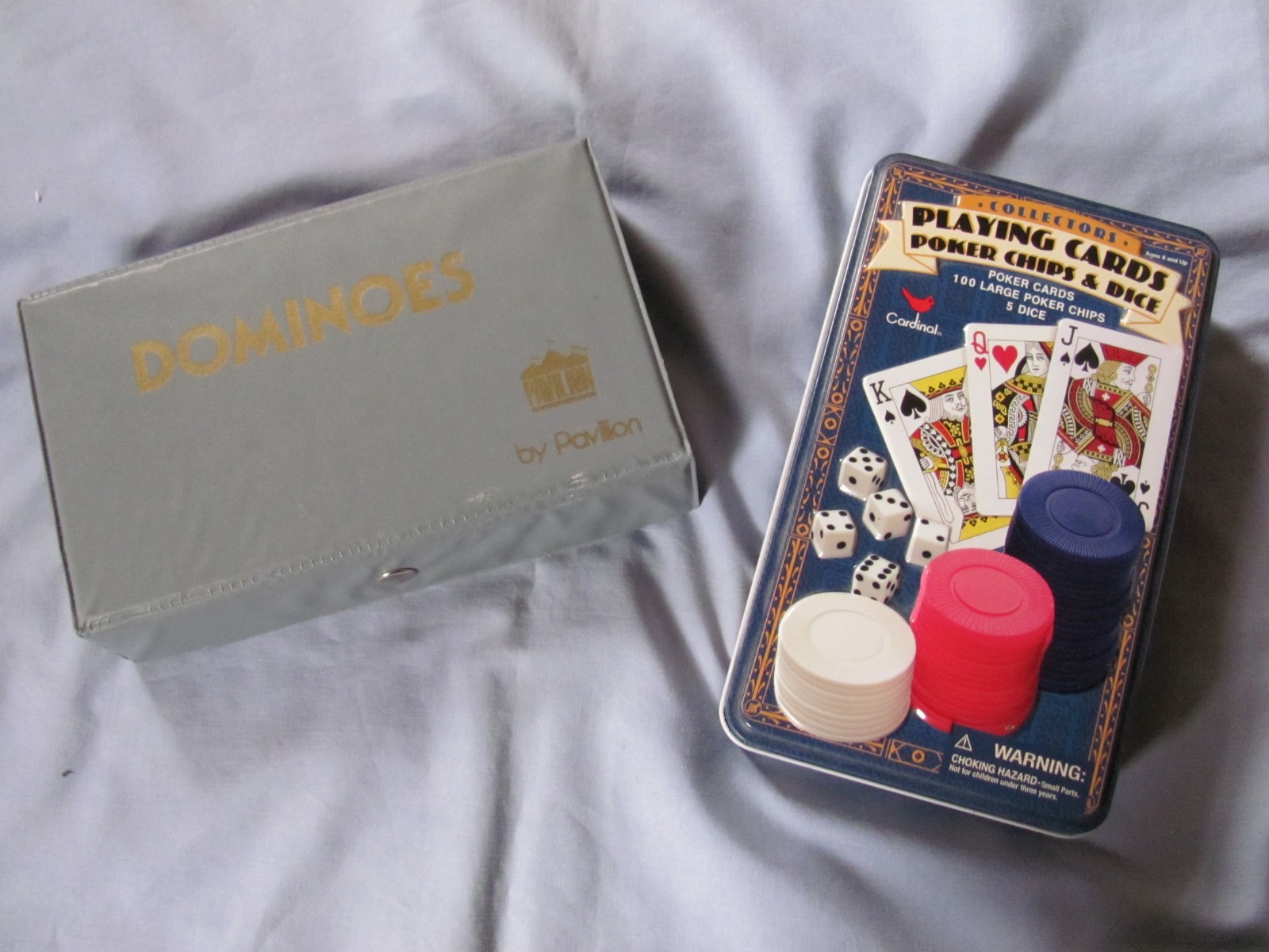 Combo -Pavilion Double 9 Dominoes & Cardinal Playing Cards/ Poker Chips/Dice Set