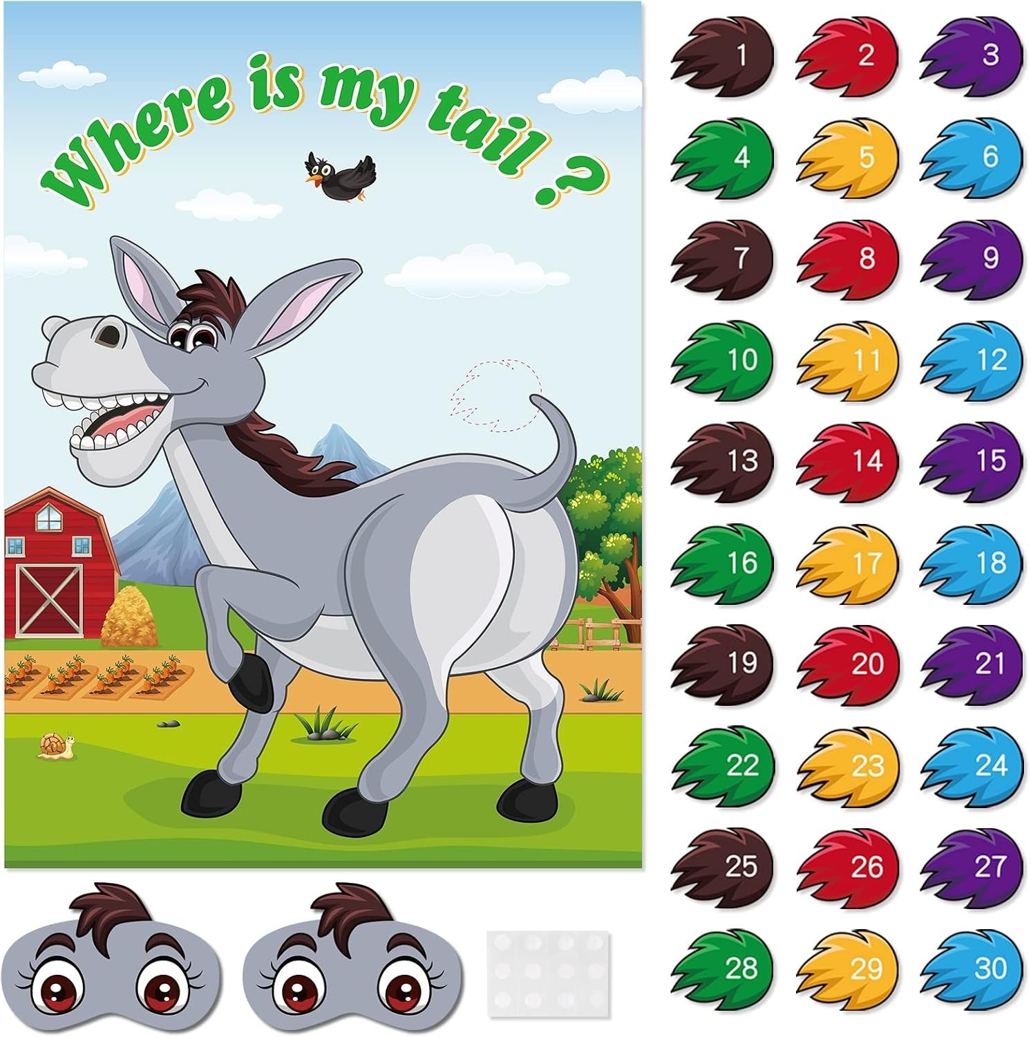 Pin The Tail on The Donkey Party Game for All Ages with 30 Stickers & Blindfold