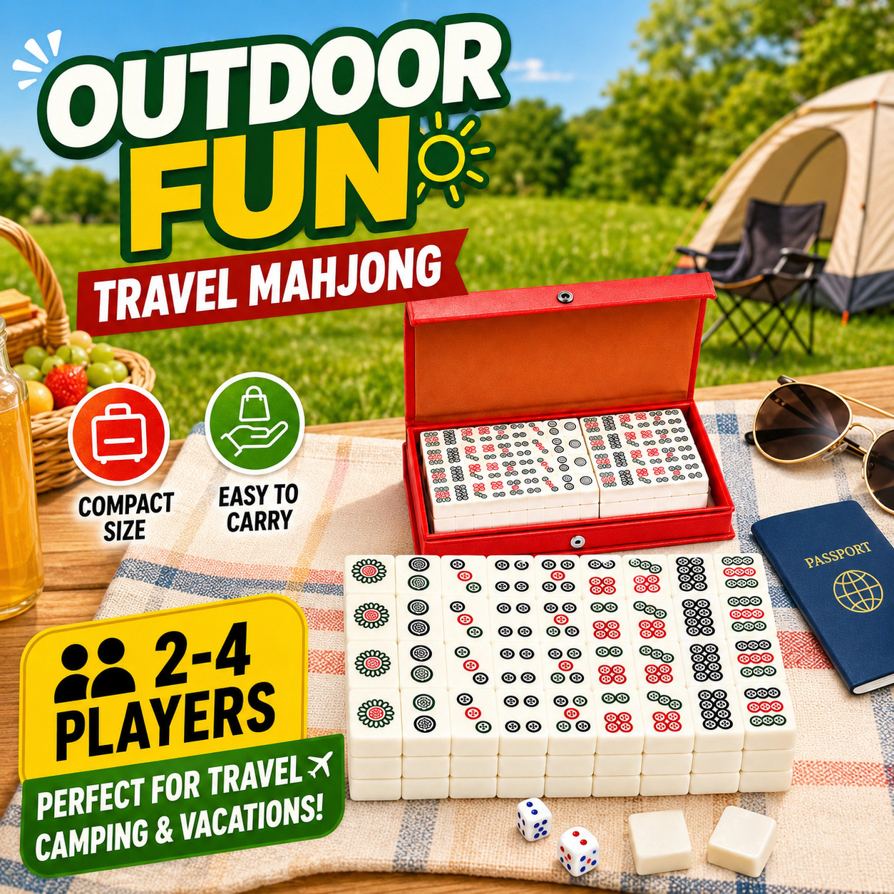 Travel Size Mahjong Set 144 Tiles 2 Dice Compact Red Case Family Gift Game