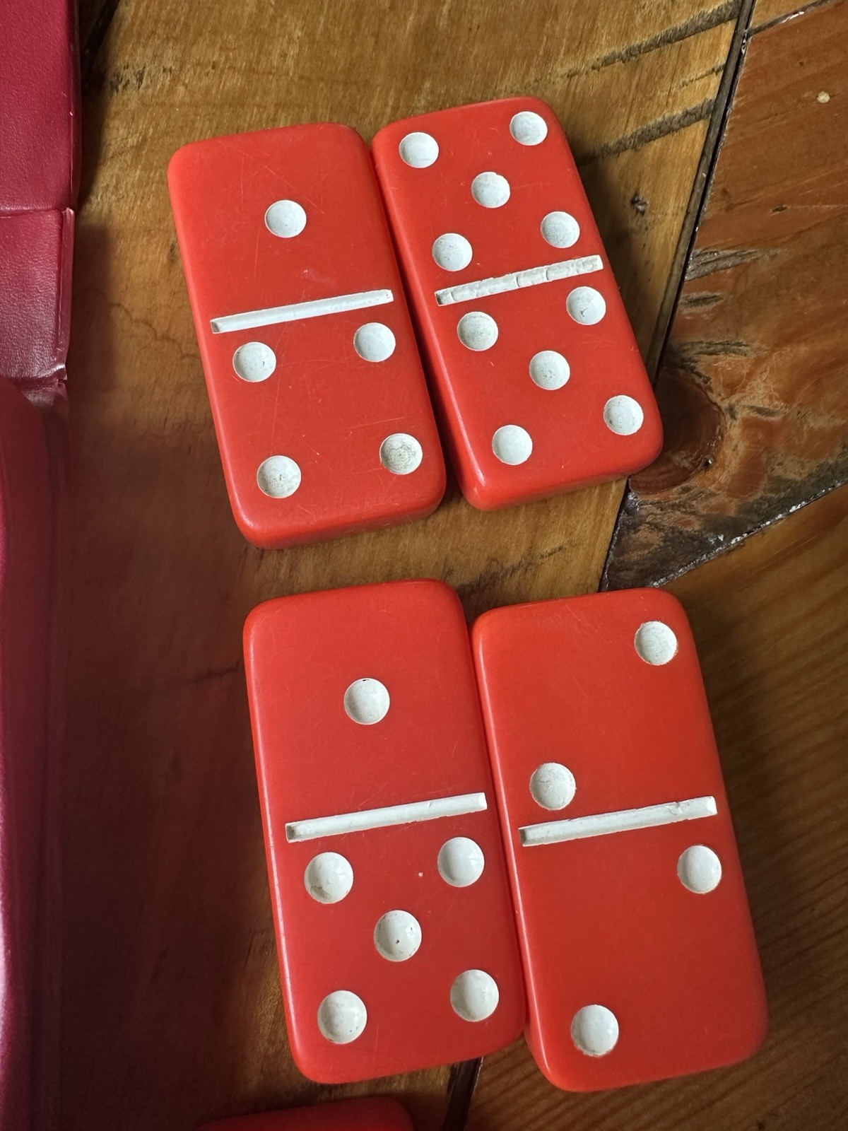 Vintage Red Double Six Dominoes Set of 28 Tile Game Complete W Vinyl Case, GUC