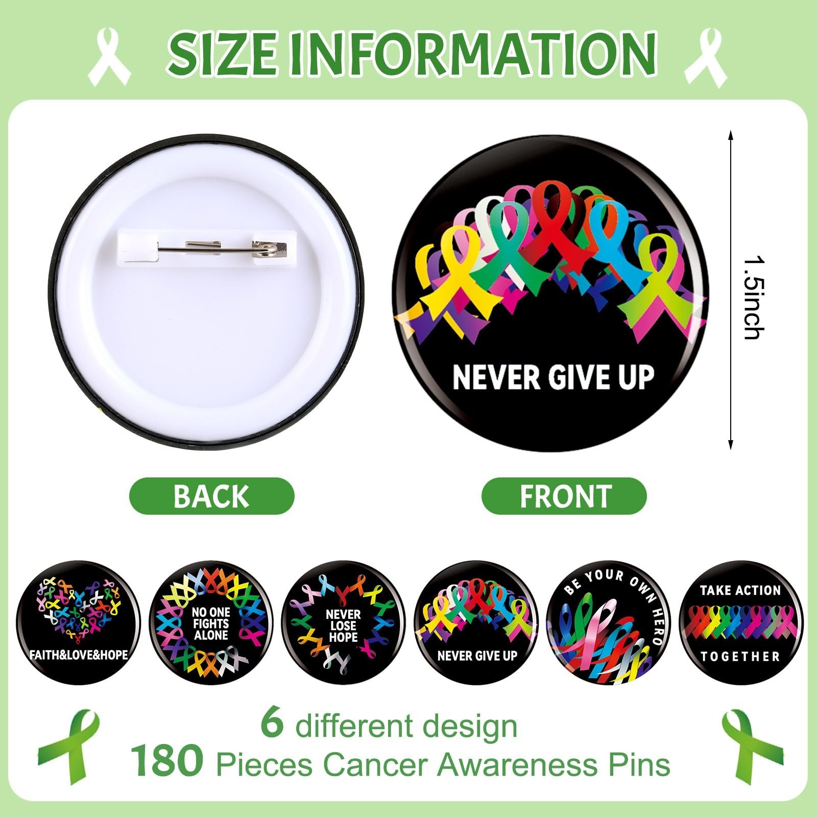 Kigeli 180 Pcs Cancer Awareness Buttons Pins Bulk Multi Color Cancer Awarenes…