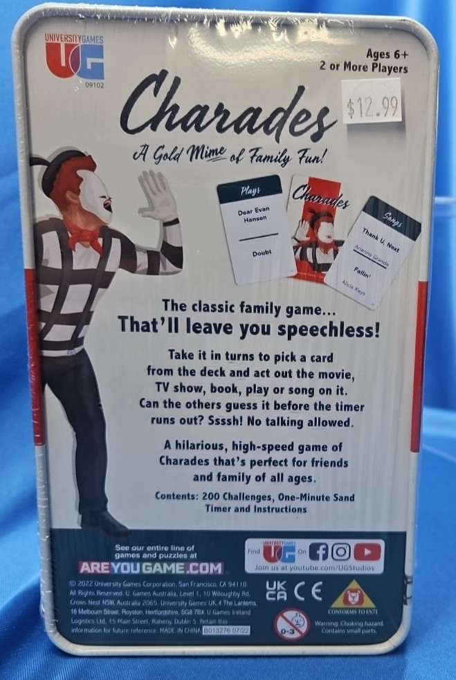 Charades Party Game from University Games, 2 or More Players Ages 6 &Up NEW Tin