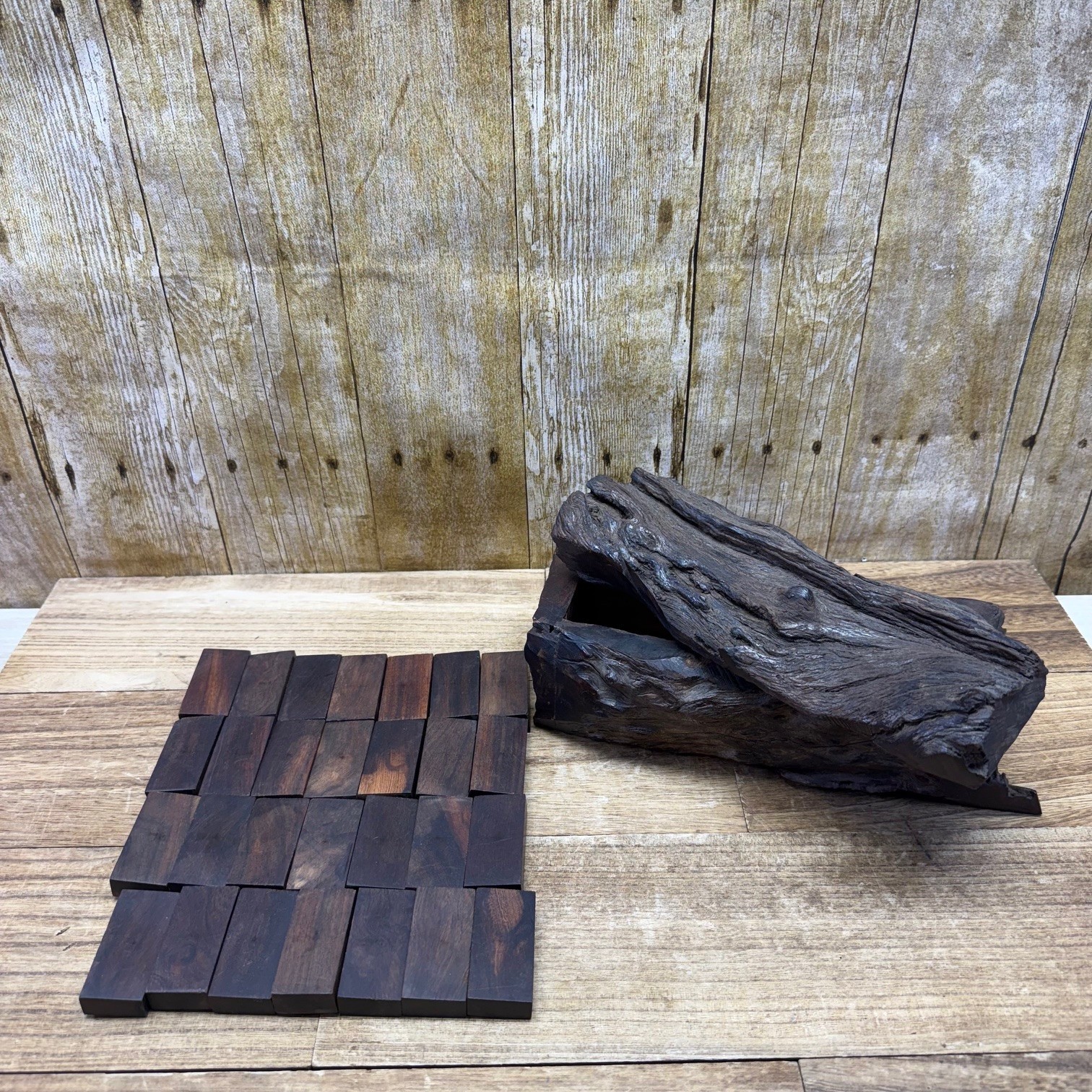 VTG Wood Hand Made Ironwood Dominos Set of 28 Tiles Rustic Log Case Complete