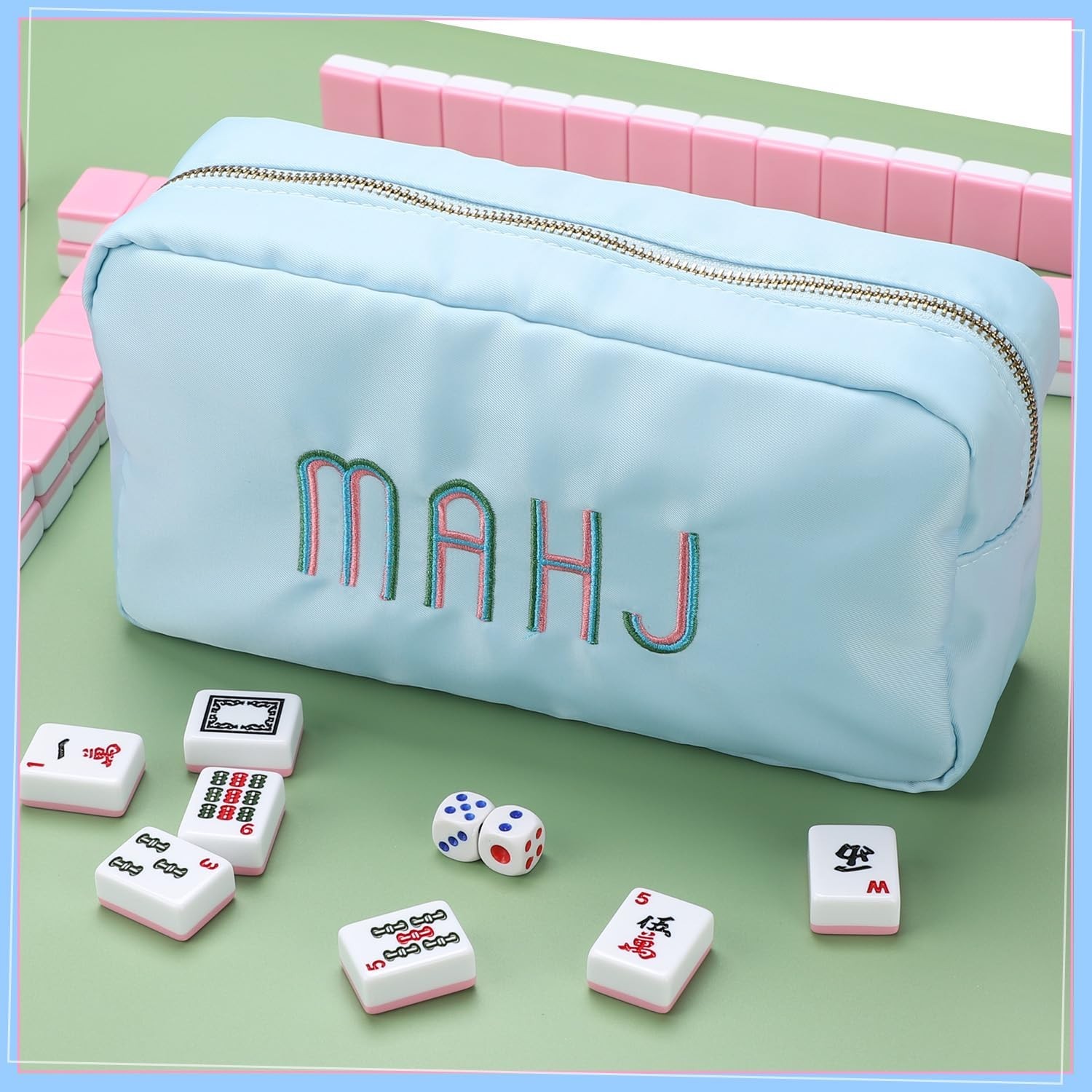 Portable Mahjong Tiles Bag for 1.2″ Tiles, Zippered Storage Case, Soft Blue Trav