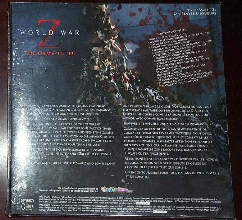 WORLD WAR Z THE GAME LE JEU-ZOMBIE PANDEMIC MOVIE BOARD UNIVERSITY GAMES 2013