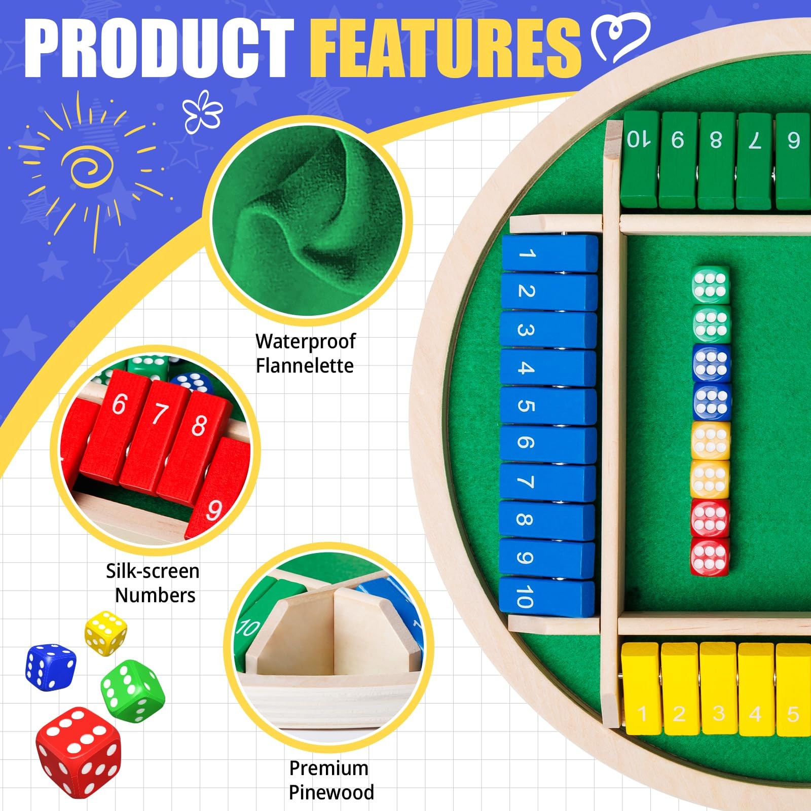 Shut The Box Dice Game,2-4 Player Family Wooden Board Table Math Games, 8 Dic…
