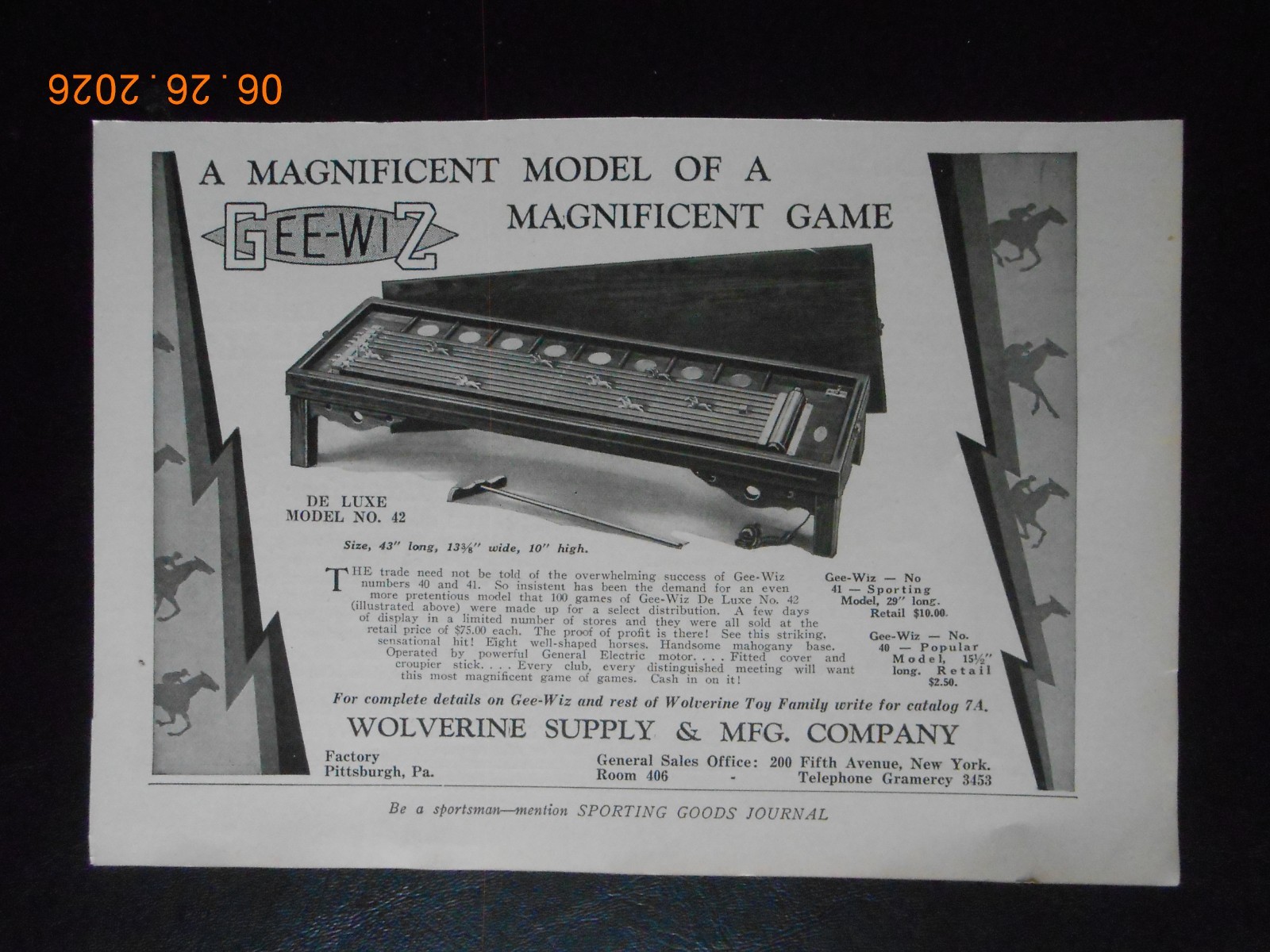 RARE 1929 Gee-Wiz Wolverine Supply & MFG CO horse racing game toy New York AD