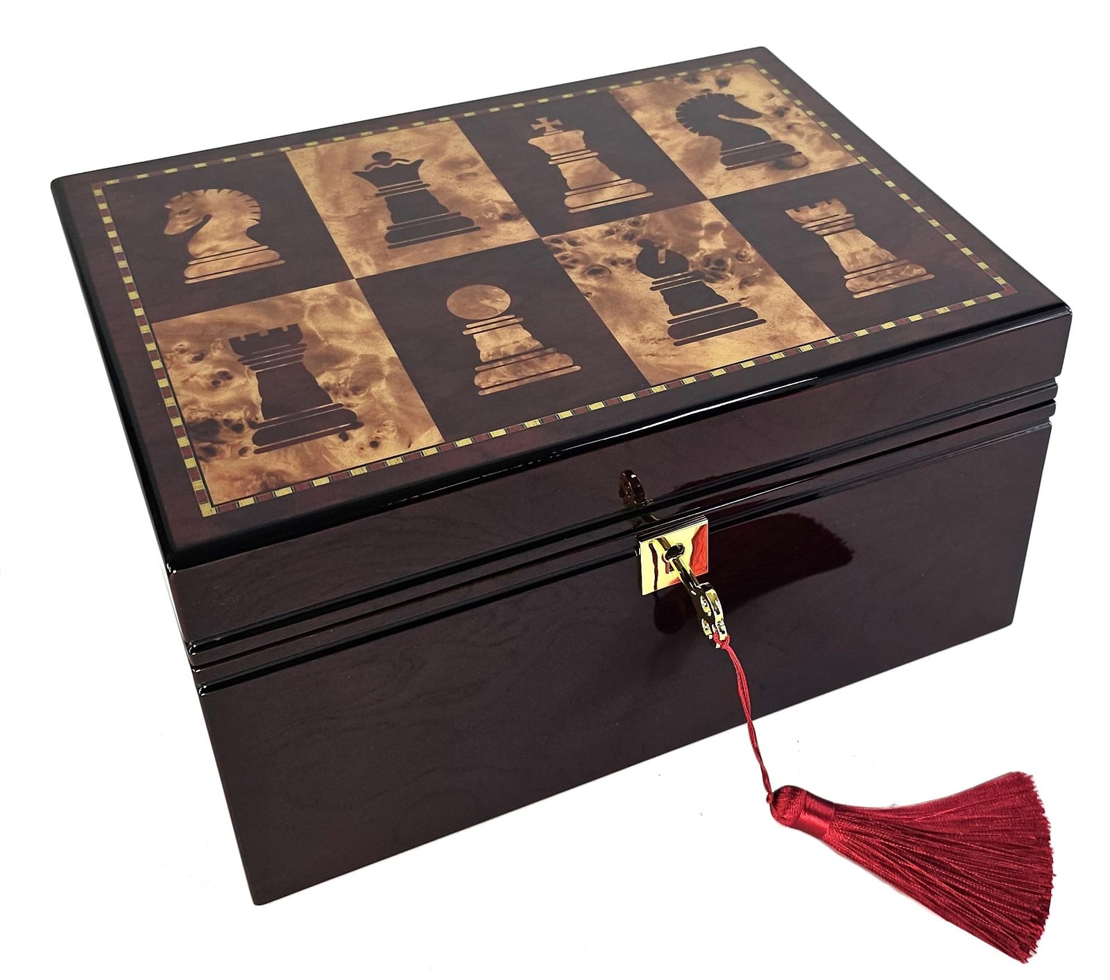 HPL Large High Gloss Cherry and Burlwood Color Locking Chess Storage Box for up