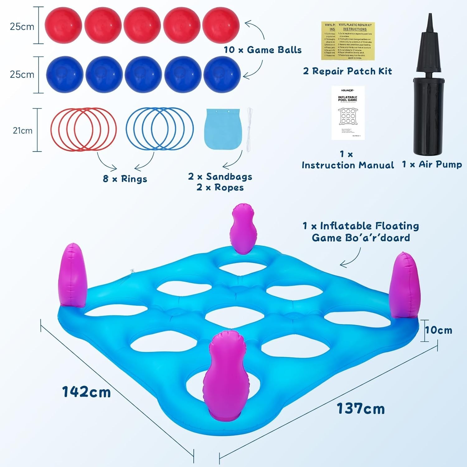 2-in-1 Premium Funny Inflatable Pool Game Modern Frosted Clear Tic-Tac-Toe & Rin