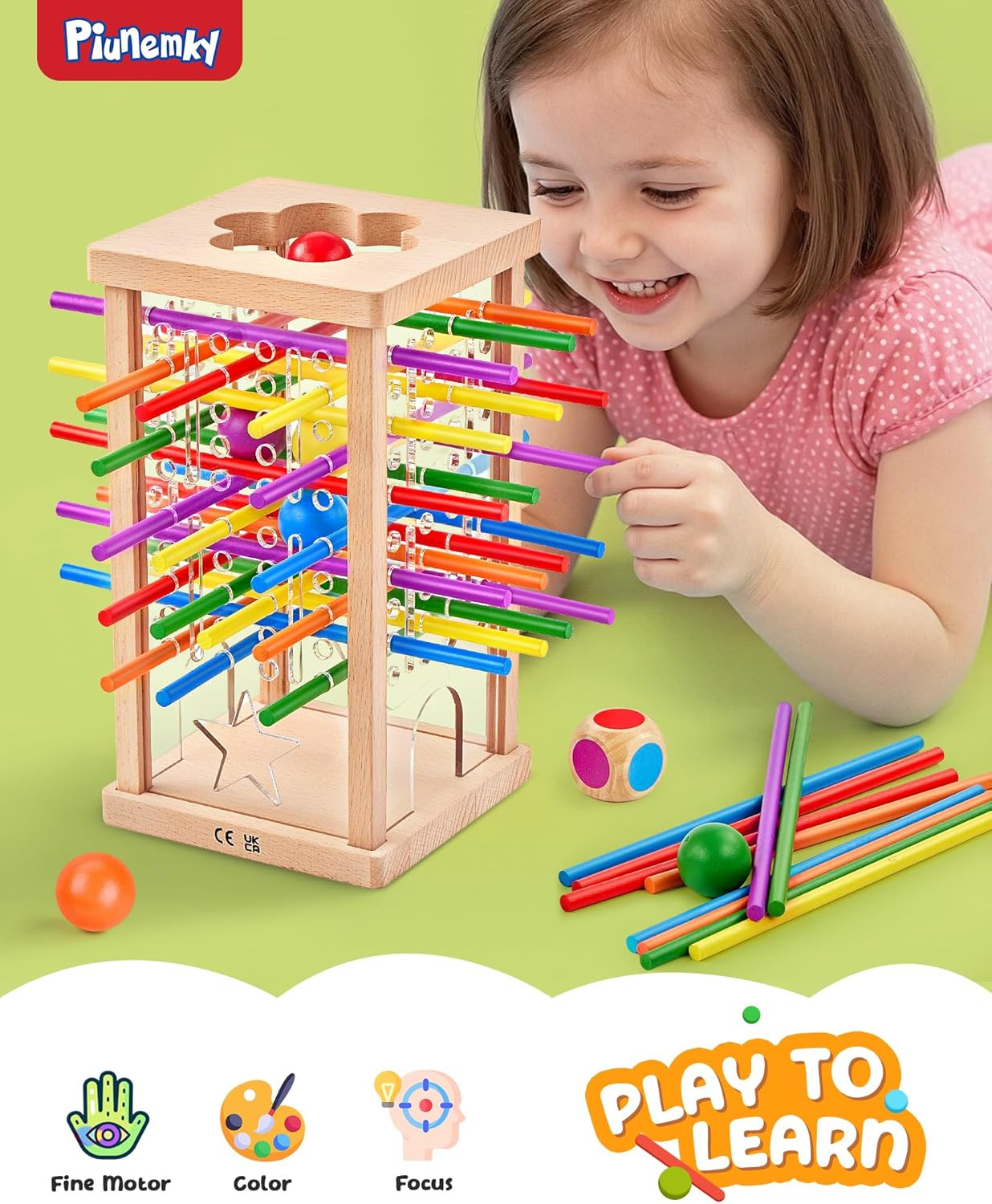 Montessori Wooden Board Game with 42 Colorful Sticks for Kids Ages 3-6