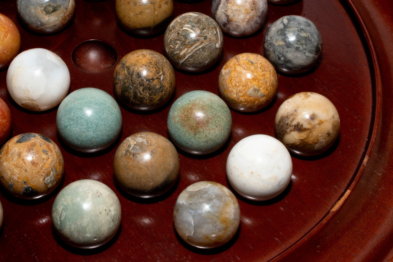 Wooden Solitaire Game 36 Natural Stone Marbles 9.5” Board