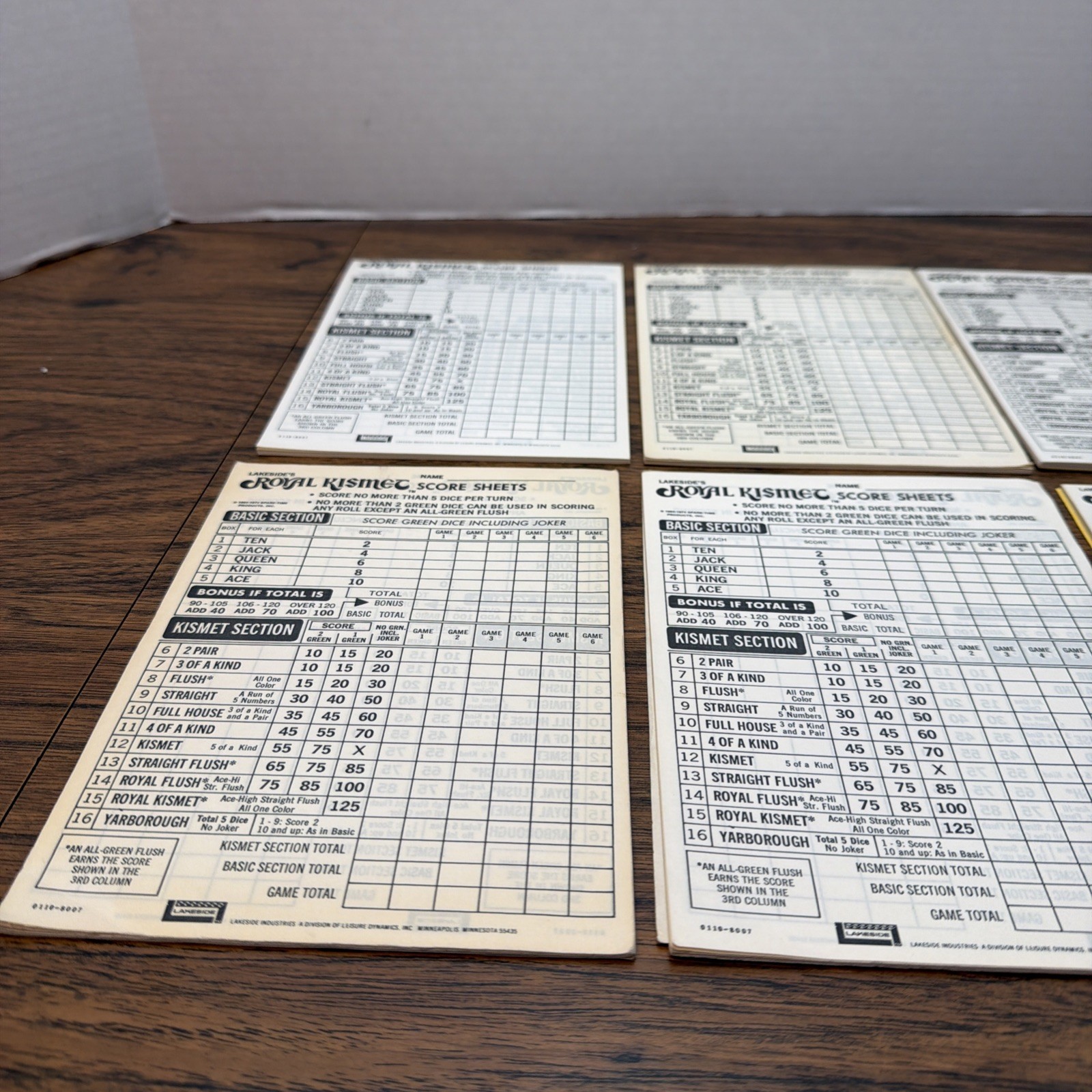1974 Royal Kismet Poker Dice Game Lakeside – 6 Replacement Score Sheet Pads Only