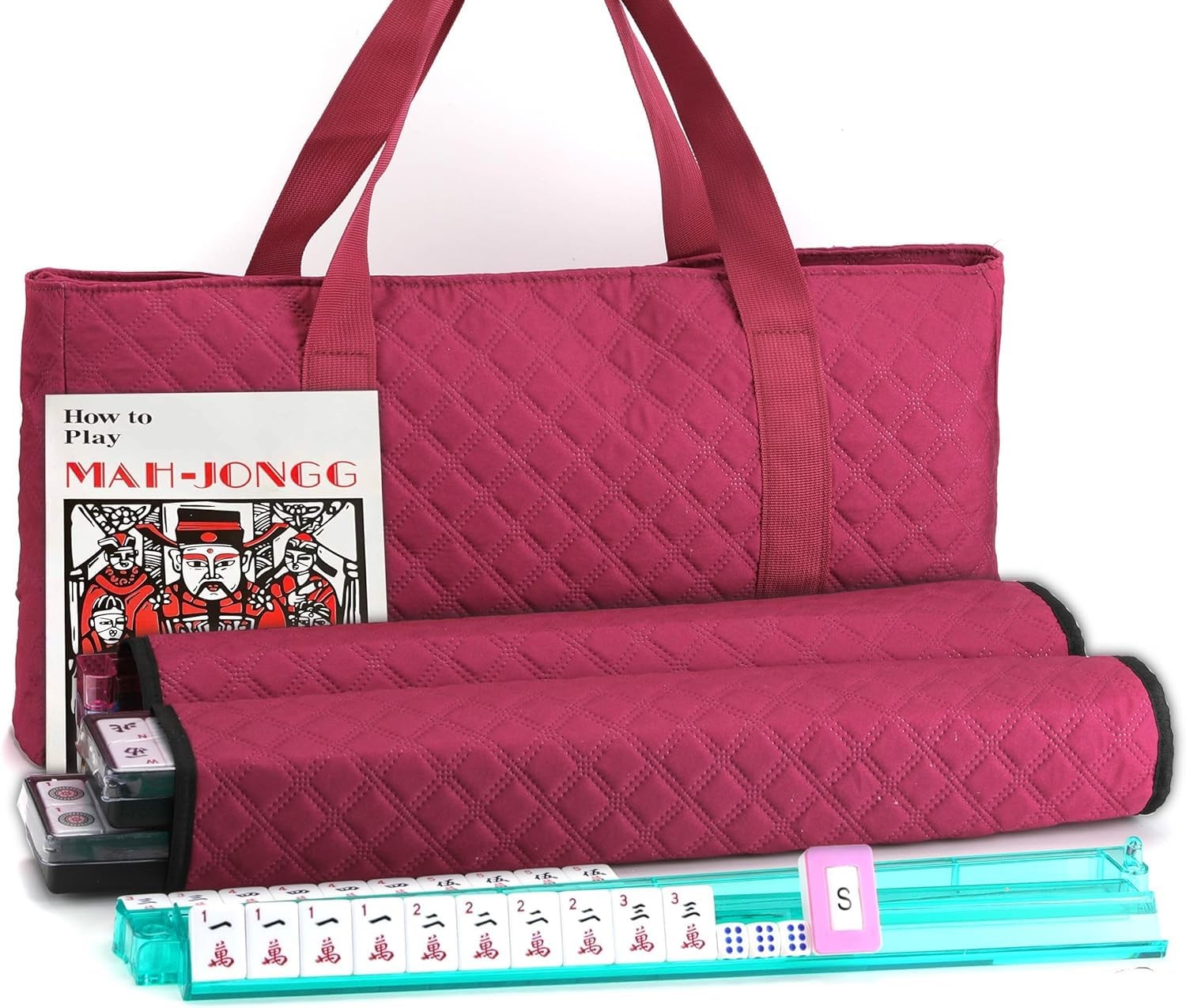 American Mahjong Game Set – Red (Burgundy) Quilted Soft Bag – 166 White Engra…