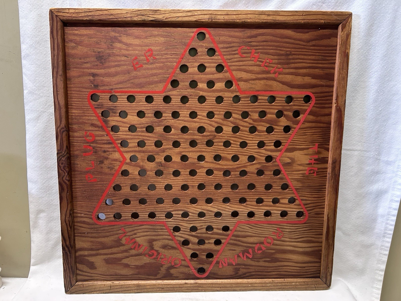 Vtg 1930’S Primitive Wooden RODMAN ORIGINAL PLUG ER CHEK Chinese Checker Board