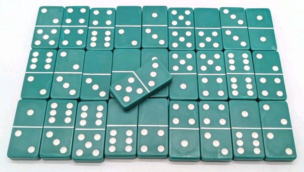 Vintage Green Dominoes by Cardinal, Set of 28, Genuine Rock Marble, Complete