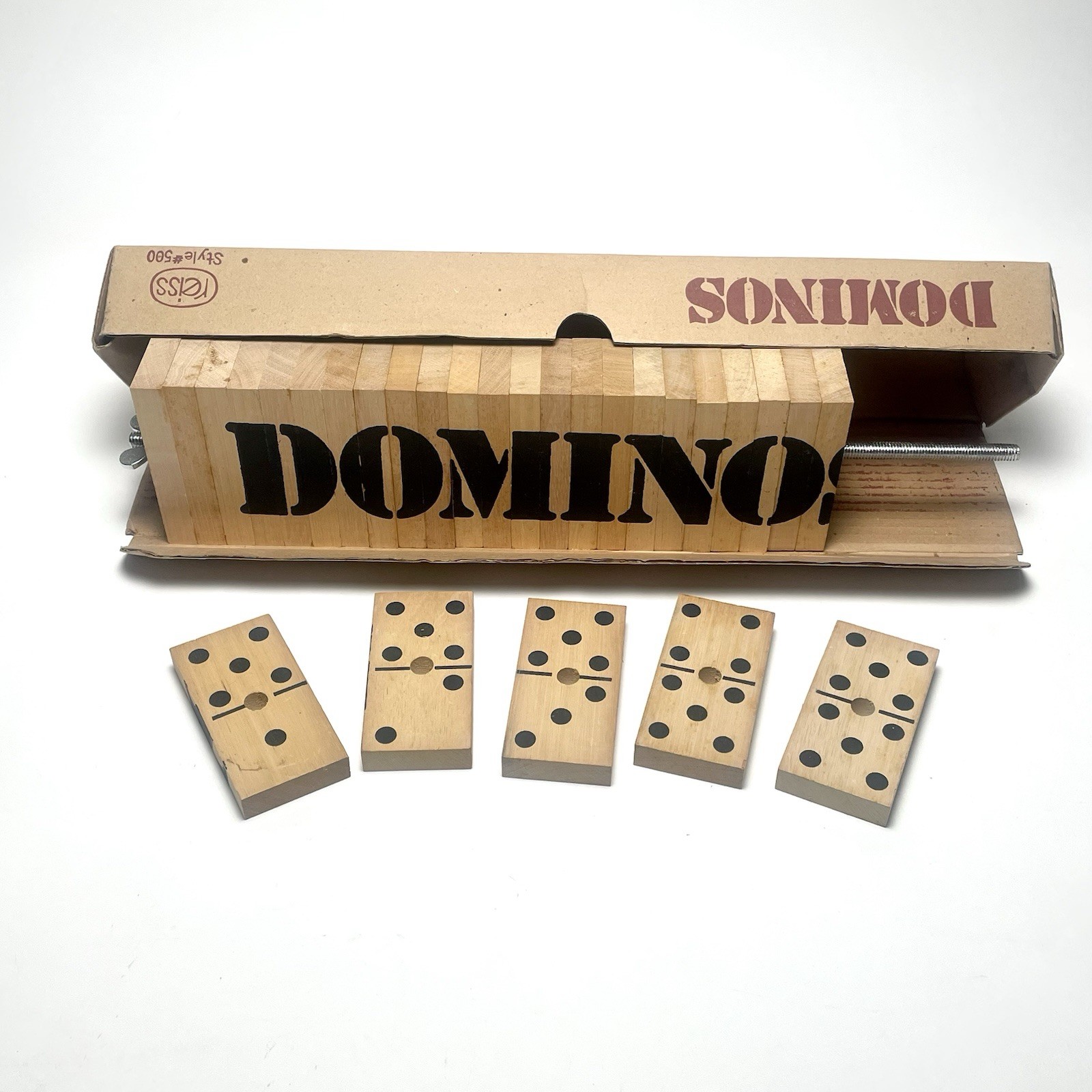 Vintage Reiss Wooden Jumbo Dominoes Game Set Unique 4” x 2” Pieces w/ Metal Rod