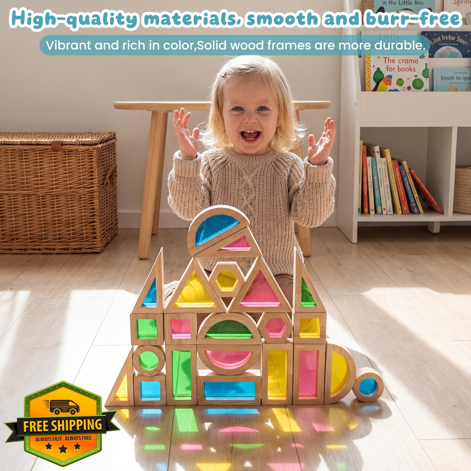 WOODENFUN 22pcs Wood Blocks Rainbow Stacker Game