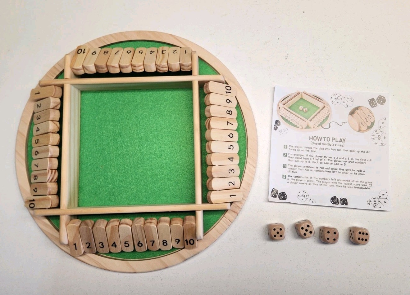 4 Player Shut The Box Wooden Dice Game w/ Dice & Instructions Family Game -Round