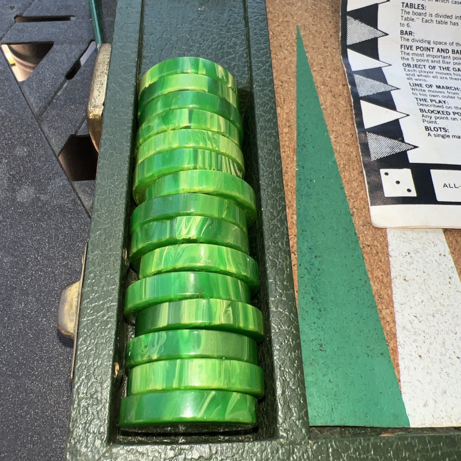 Vintage All-Mart Backgammon Set Bakelite/Catalin Green Swirl – Case Cork Board