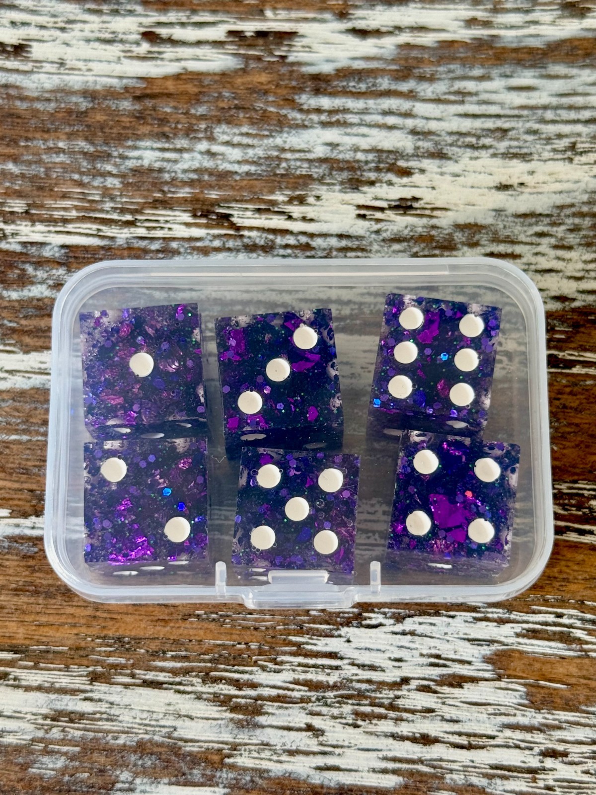 Resin Dice Set 6pcs – Violet Galaxy Glitter – Handmade Replacement Dice Games