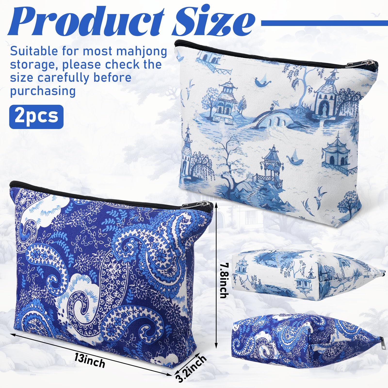 2 Pcs Empty American Mahjong Tile Bags White Blue Printed Thickened Soft Bags…