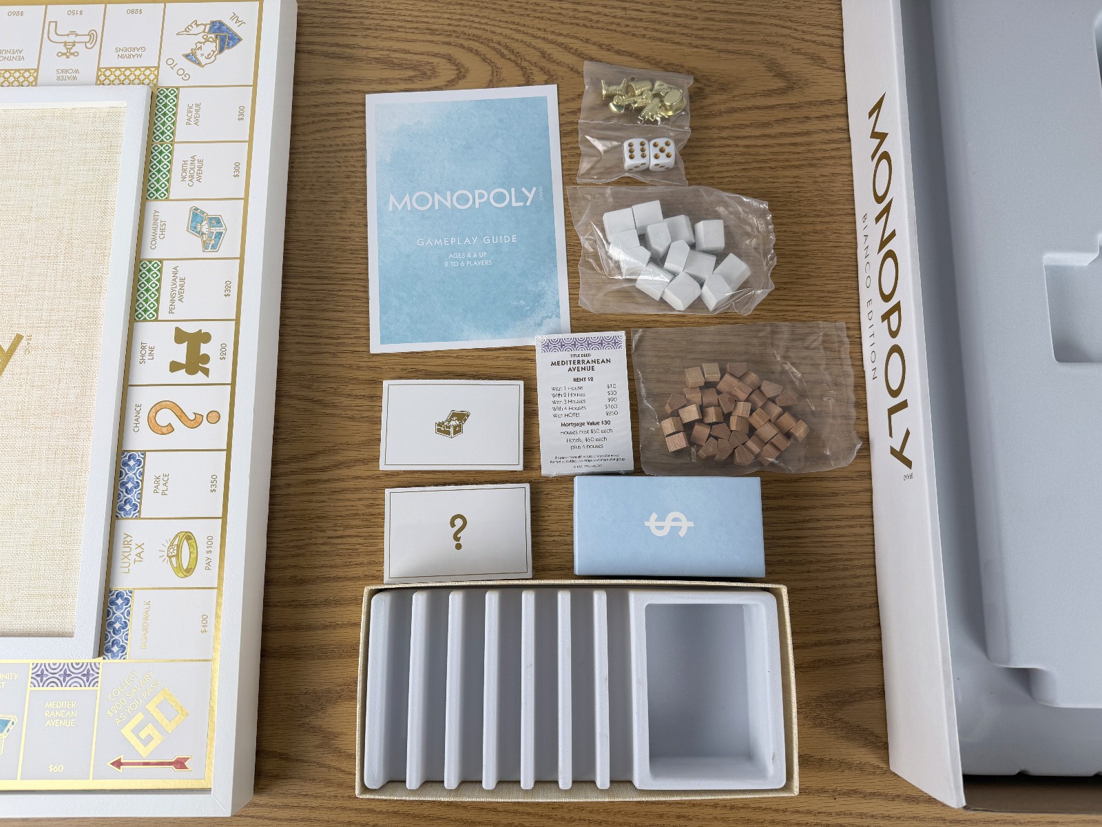 WS Game Co Monopoly Bianco Edition with Foil-Stamped Wood Game Board Open Box
