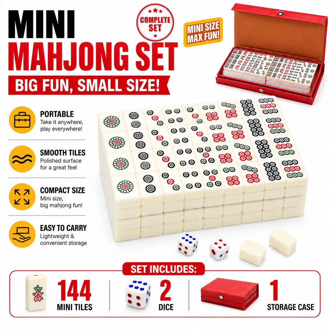 Travel Mini Mahjong Set 144 Tiles 2 Dice Red Carry Case Family Tabletop Game Toy