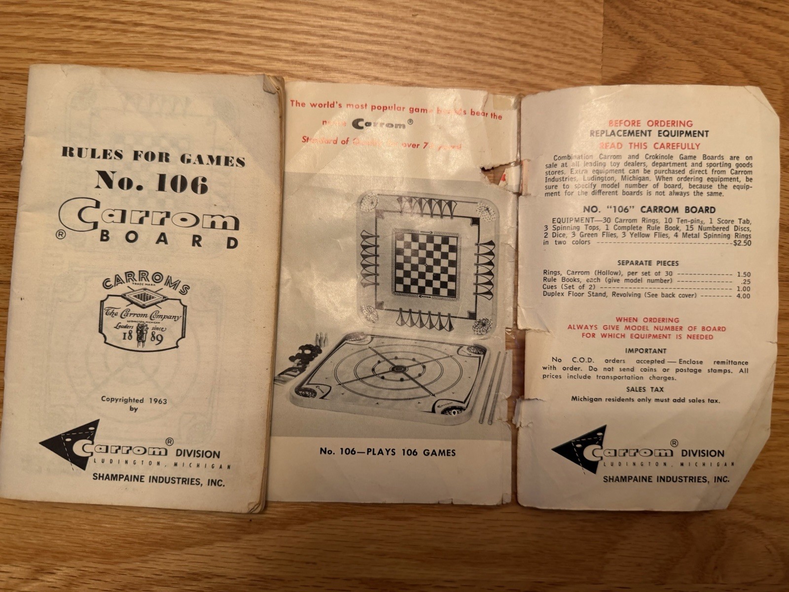 Vintage Carrom 2 Sided Game Board 28″ x 28″ With original 64 Page Rule Book 1963