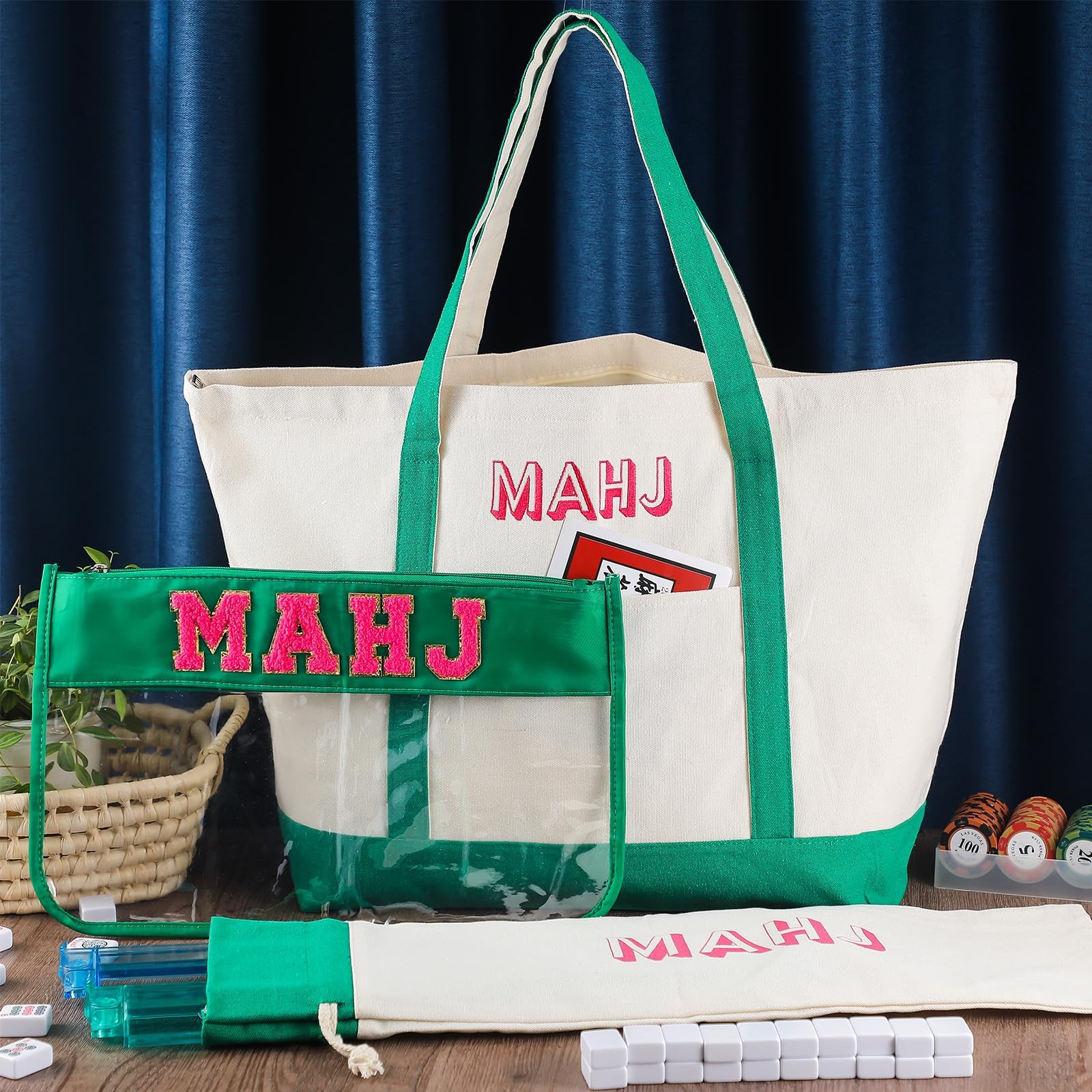 Sunnymove 3 Pcs Empty Mahjong Canvas Bag Gift Embroidered American Mahjong Set