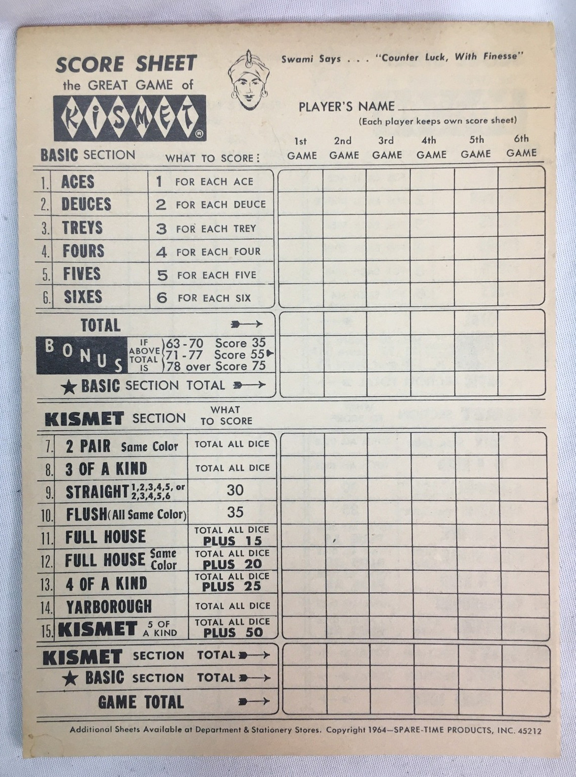 Vintage Yahtzee/Kismet Score Pads 1956/1964, 2 Pads Each