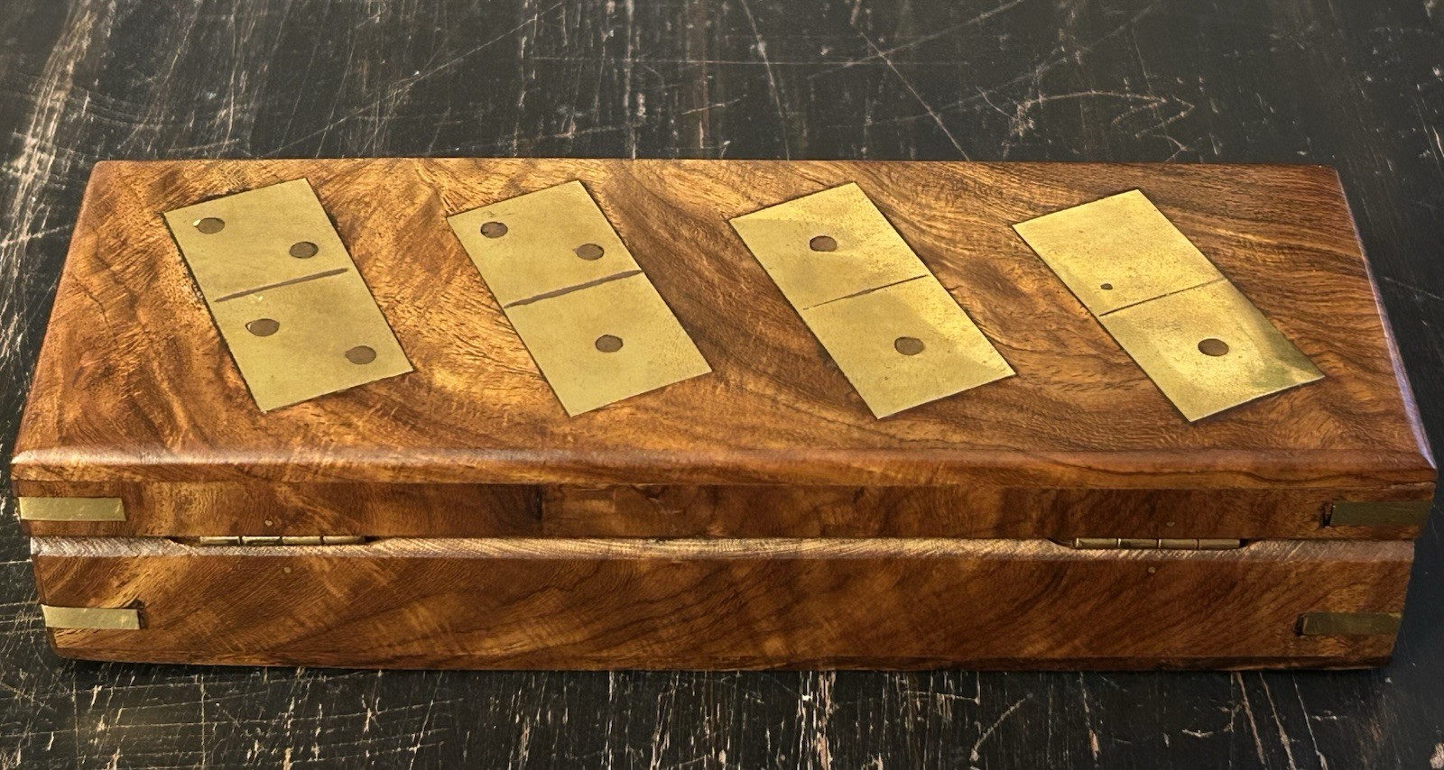 Walnut Wood & Brass Inlay Dominoes Set