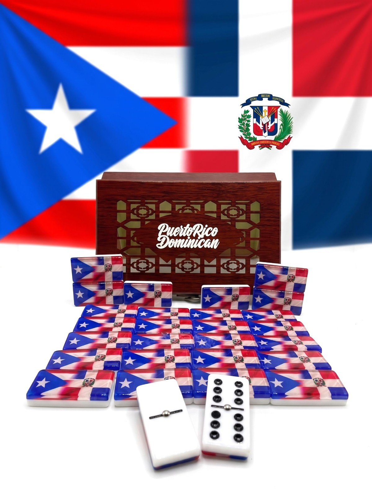 Premium Double Six Dominoes Set – Puerto Rico & Dominican Republic Flags – Resin