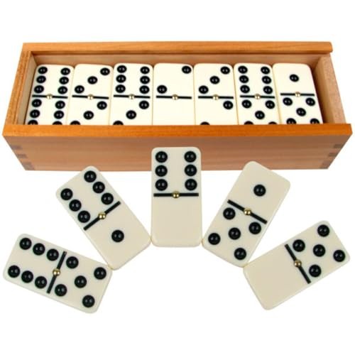GENERIC PREMIUM SET OF 28 DOUBLE SIX DOMINOES WITH WOOD CASE, BROWN