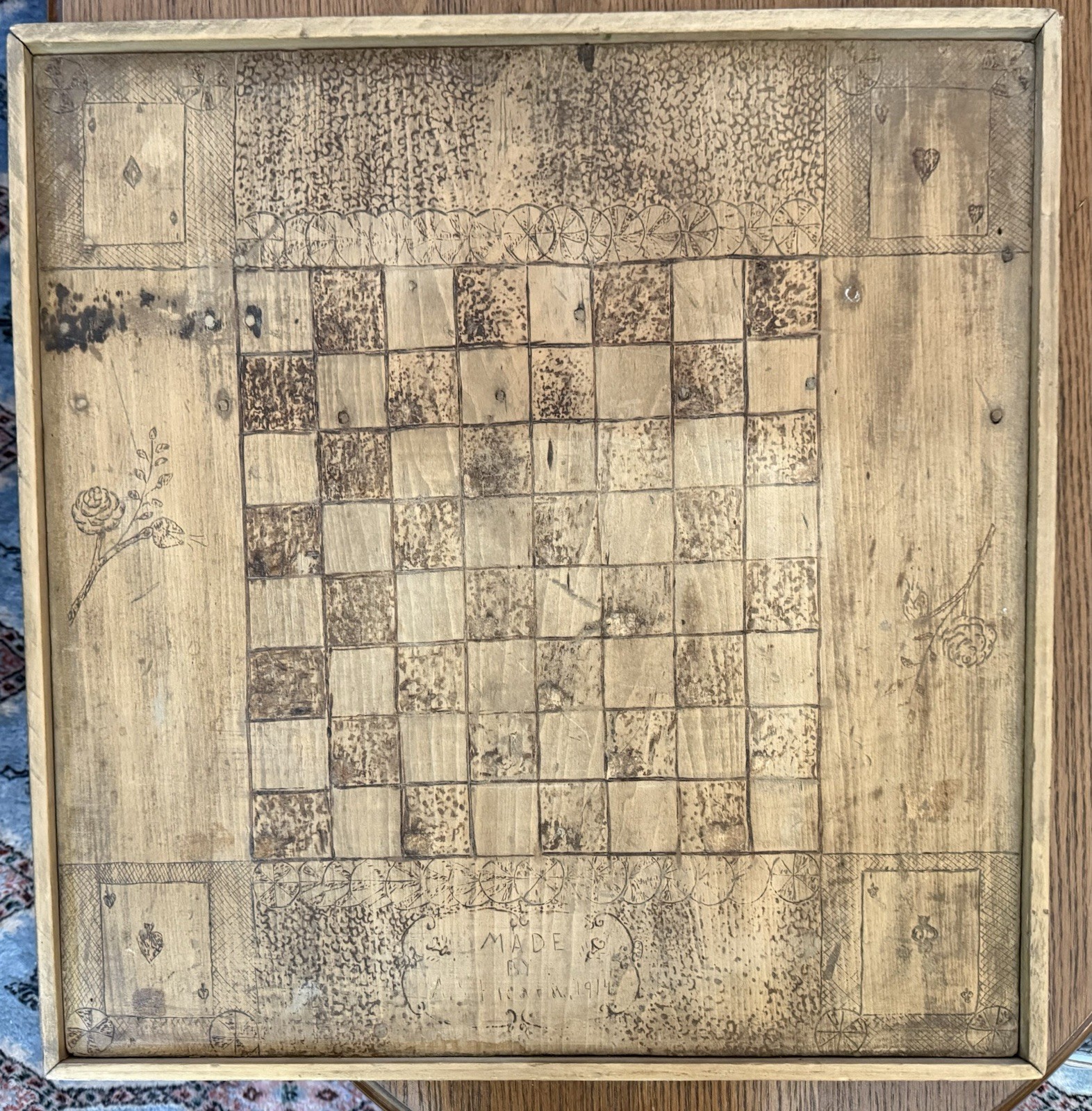 Vintage Handmade Pyrography Game board Dated 1914 – American folk art