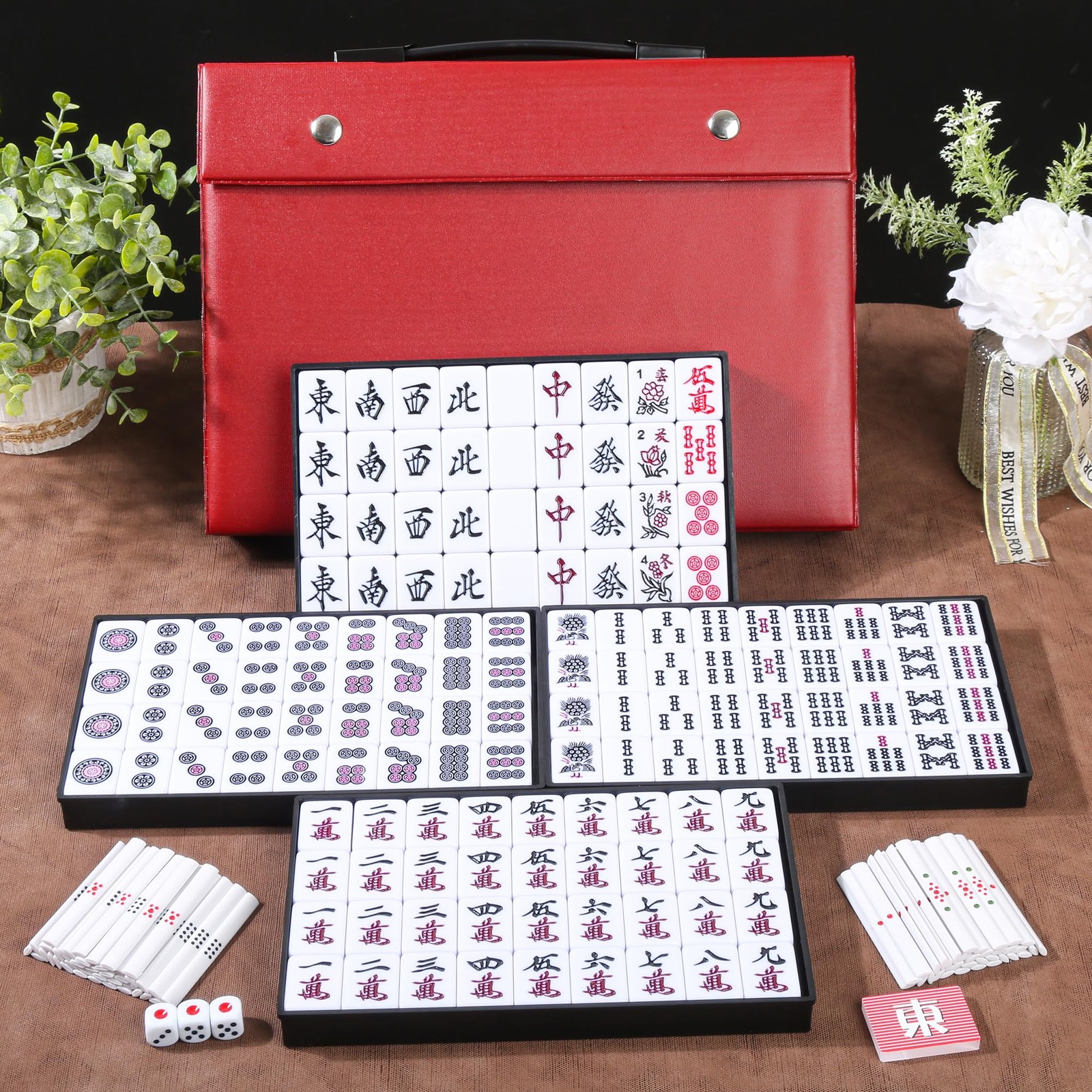 QYMZKA Japanese Riichi Mahjong Set, White and Yellow Tiles – with Red Box, Ea…