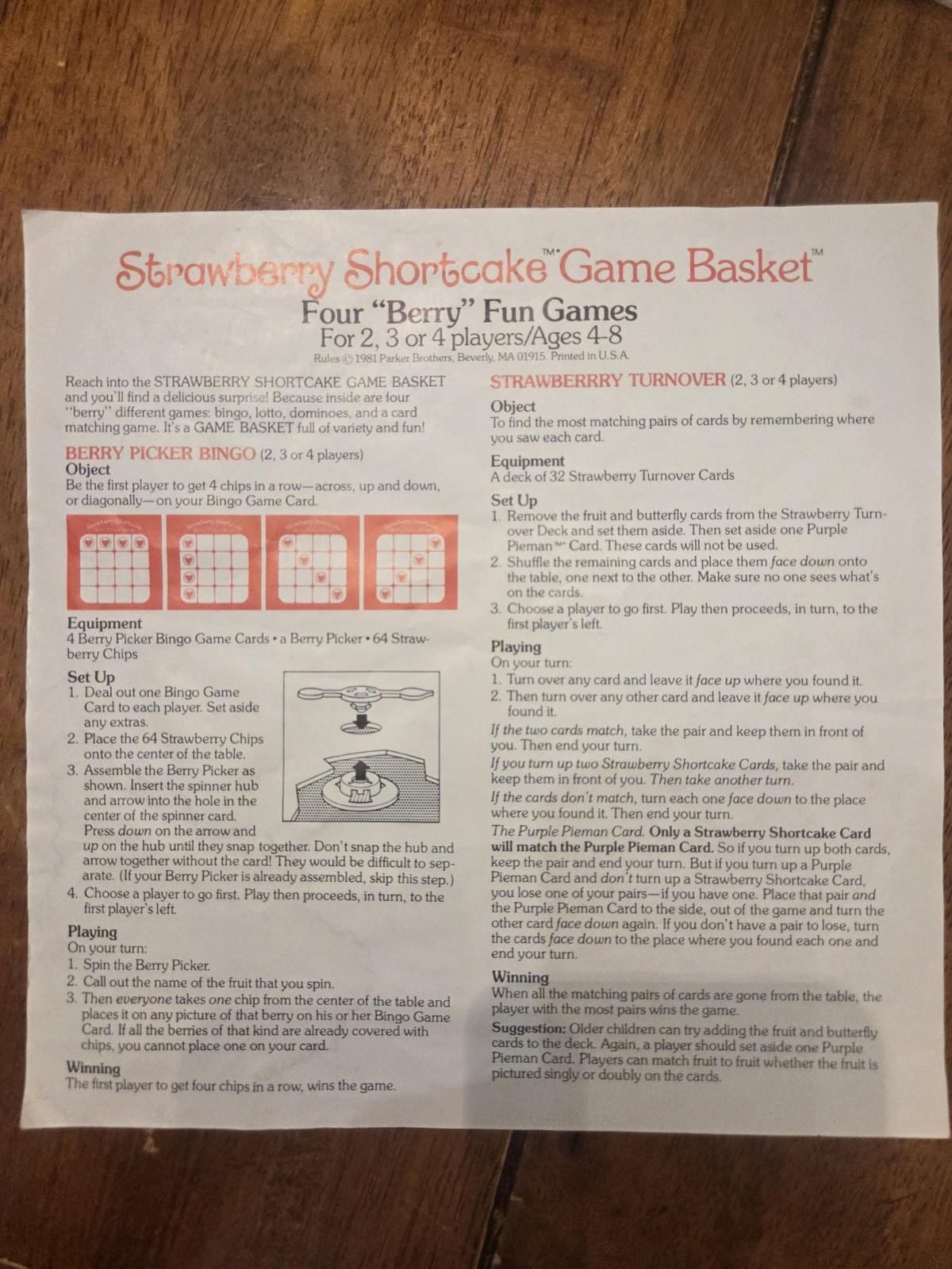Vintage 1981 Stawberry Shortcake Game Basket Four “Berry” Fun Games Parker Bros