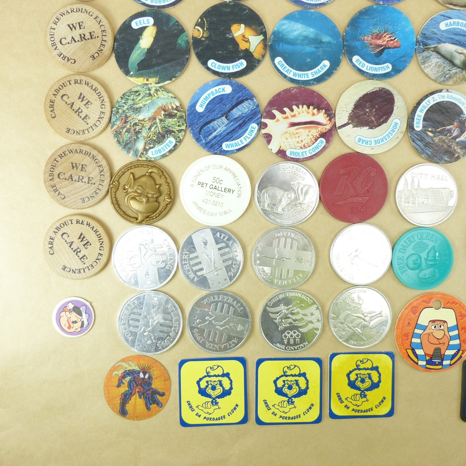 Junk Draw Lot of Coin Tokens from the 1990s. Metal, Plastic, Cardboard, Wood