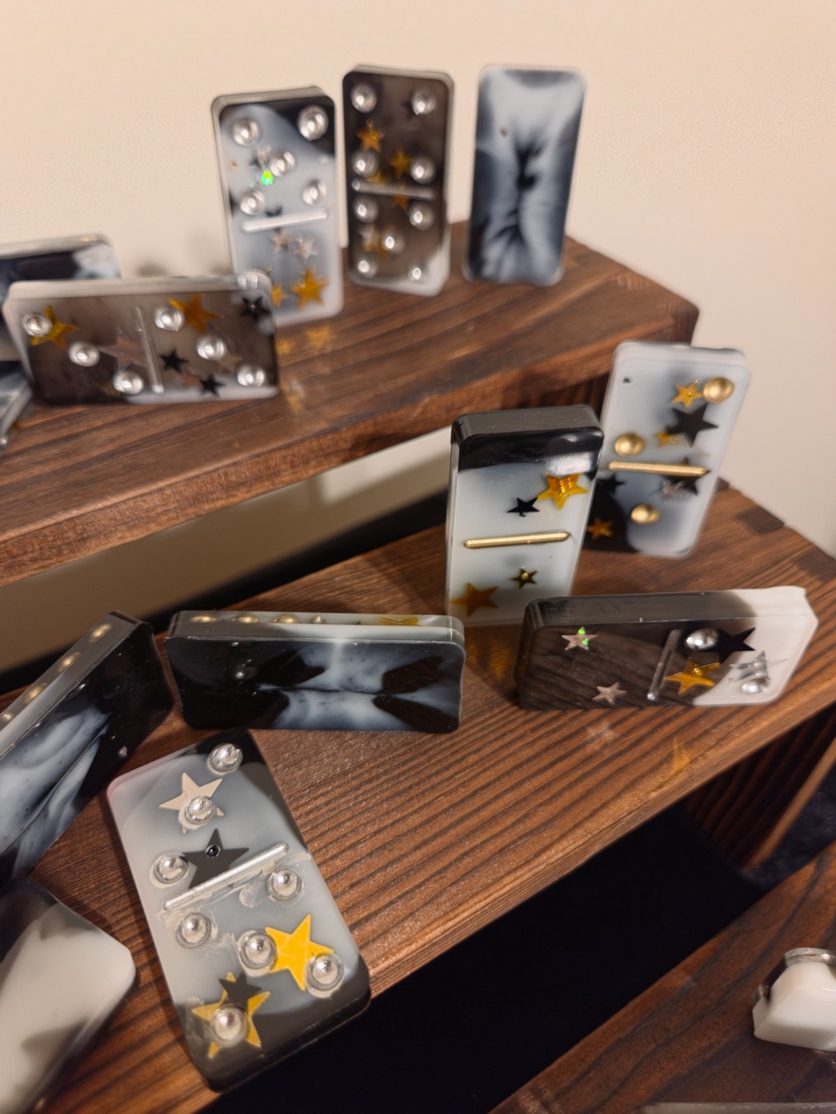 Domino’s handmade resin art 28 pc, gold, silver stars, black and white