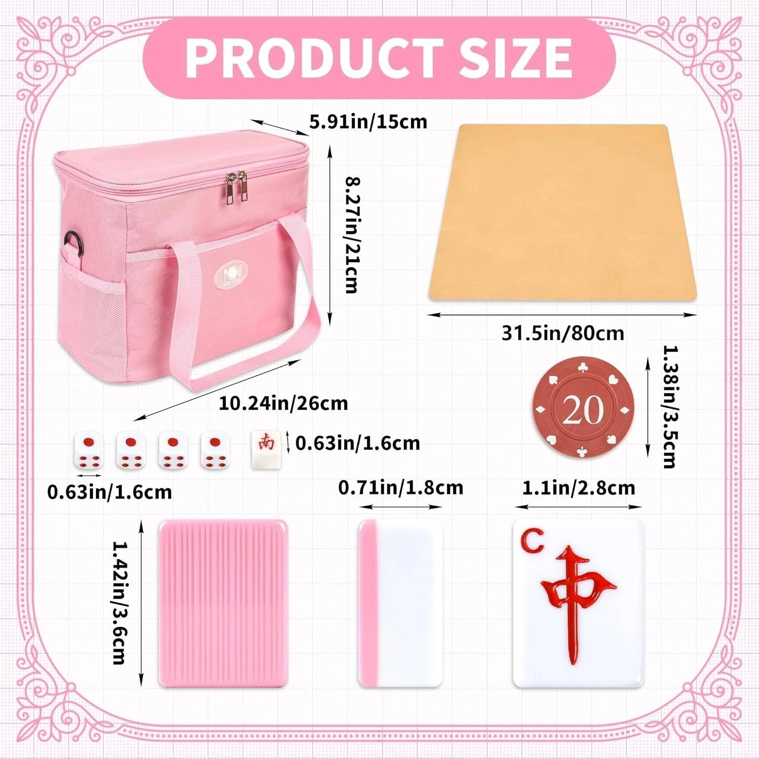 Chinese Mahjong Game Set, 144 Numbered Melamine 1.42″ Size TilesPink and 8 Bl…